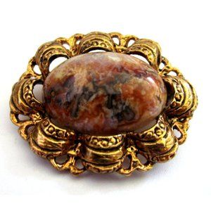Vintage Ornate Gold Plate Brooch with Oval Granite Stone Gemstone - Estate 1950s